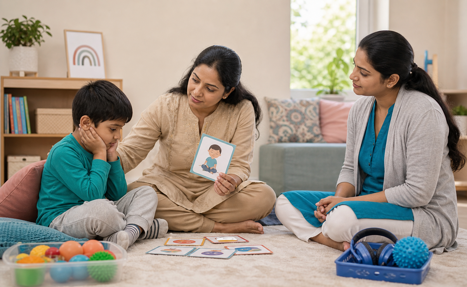 Parent supporting a child through a calm behavior moment