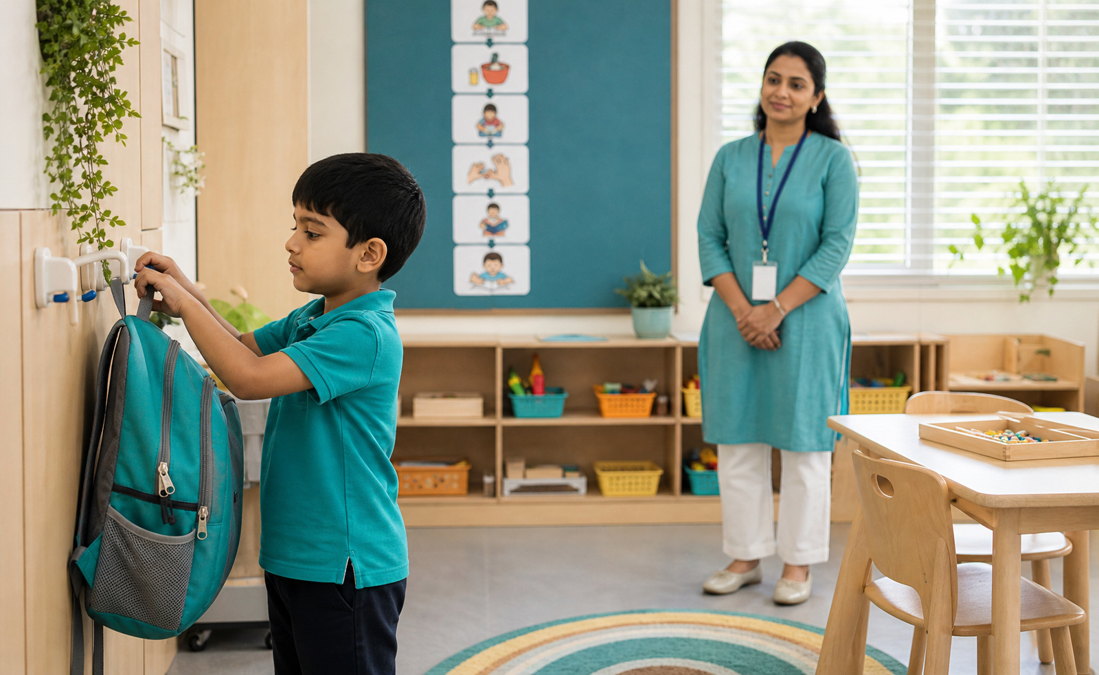 Child independently completing a classroom routine